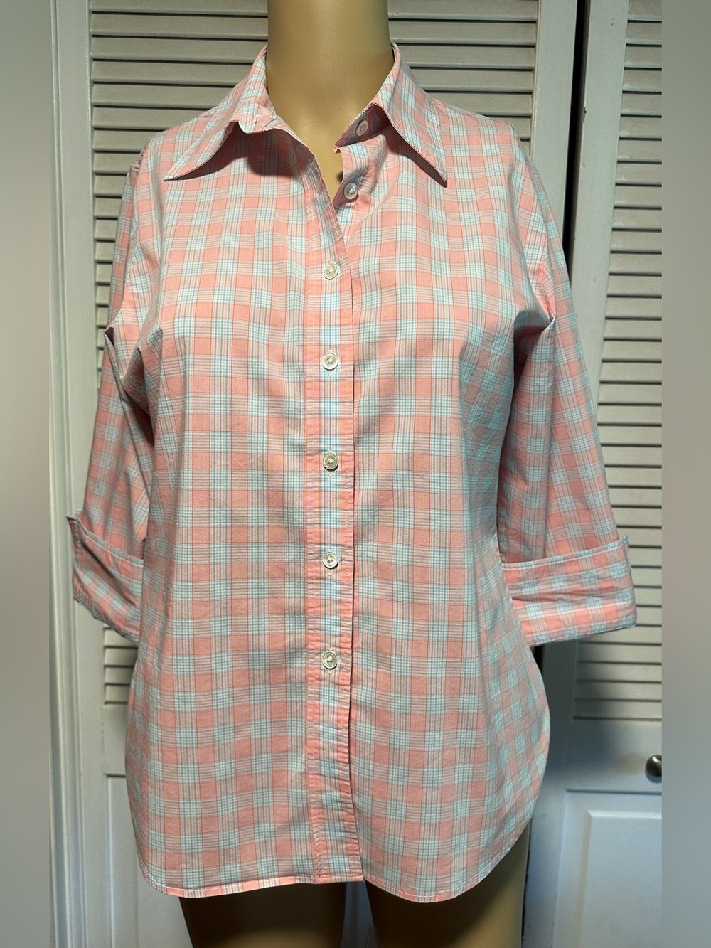 Land’s End Plaid 3/4 Sleeve Button Up Top Pink Blue Women’s 10